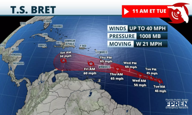 Tropical Storm Bret continues to track toward the Caribbean