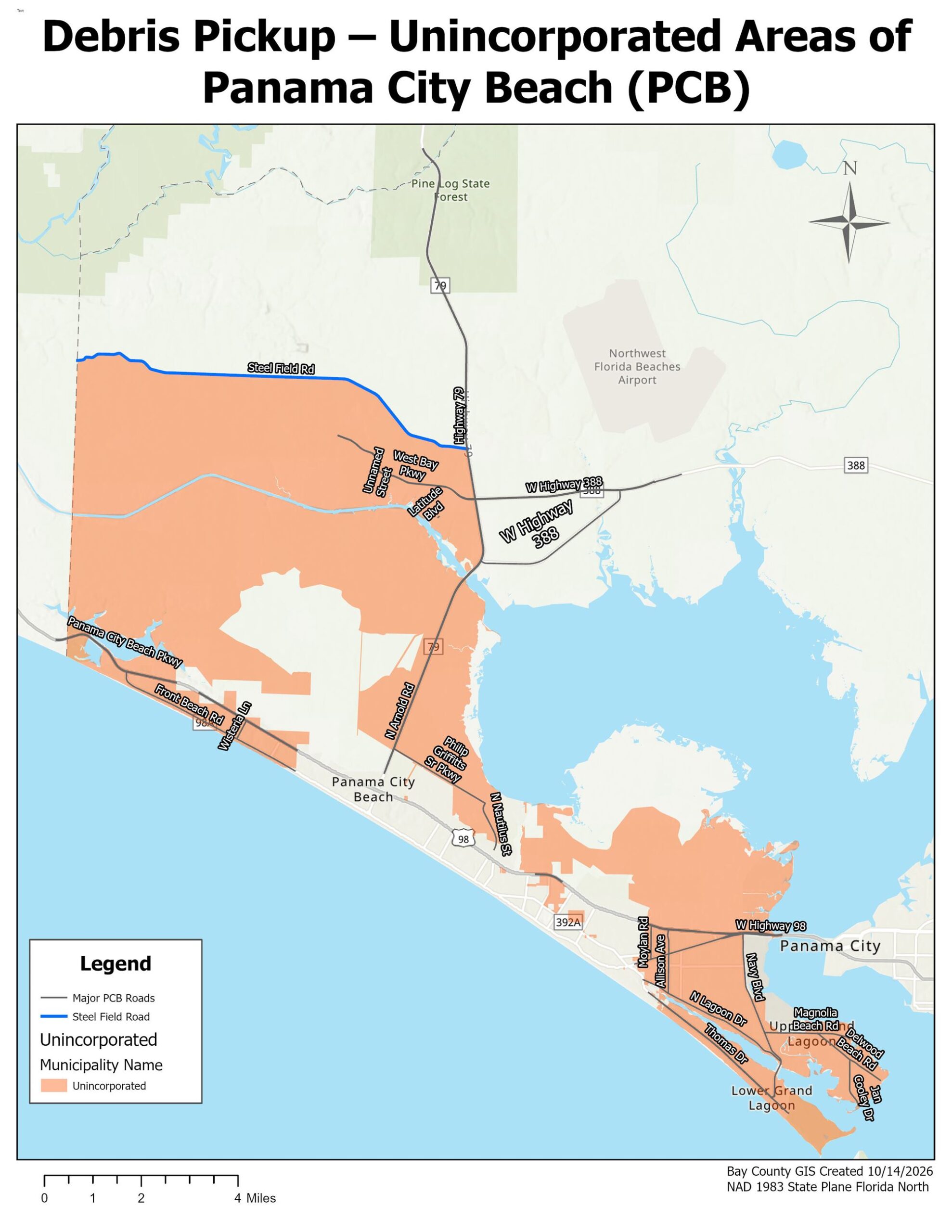 Bay County map showing designated unincorporated areas eligible for Hurricane Isaias roadside vegetative debris collection beginning October 26, 2026.