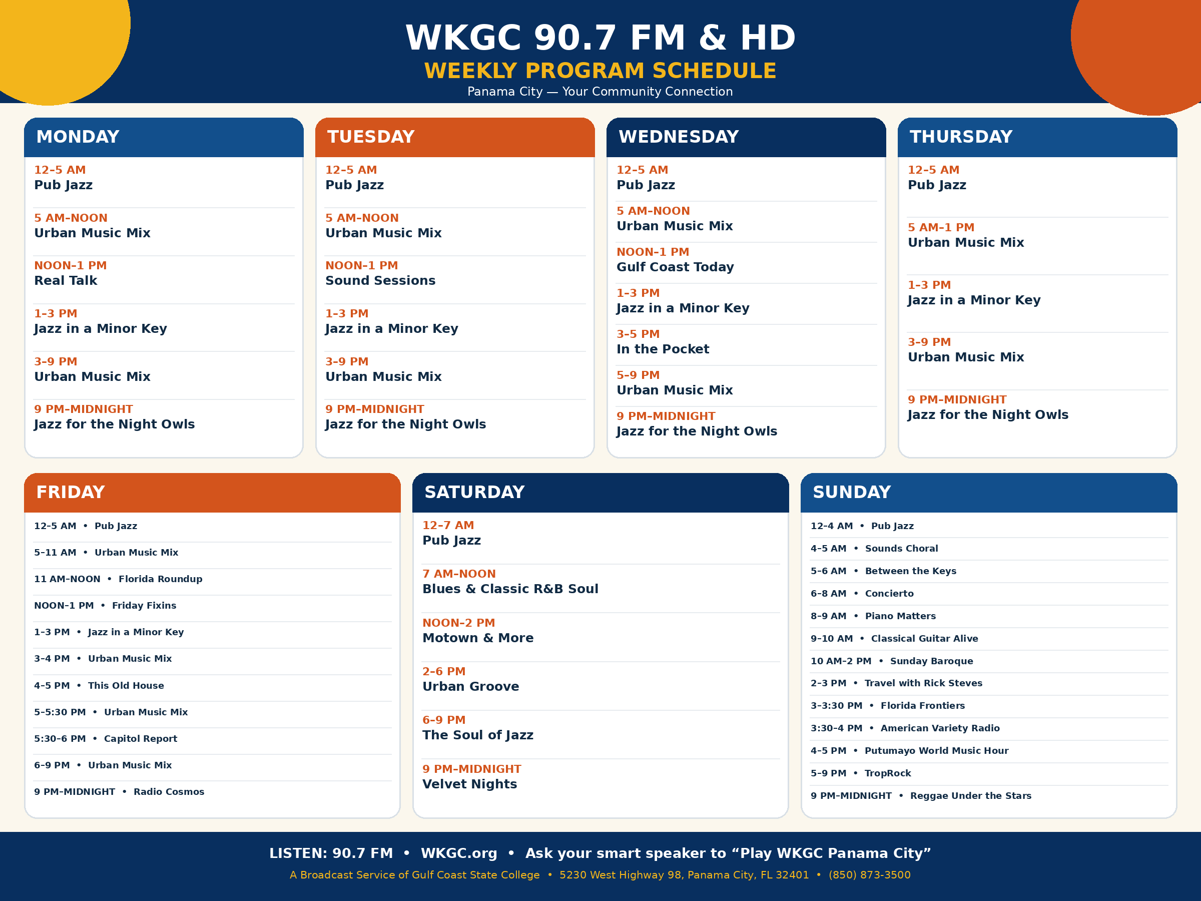WKGC 90.7 FM weekly program schedule for Monday through Sunday. The complete schedule is provided as accessible text below the graphic.